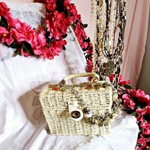 Elegant Cream Straw Mini Basket Handbag With Gold Hardwear 5.5" Lenght